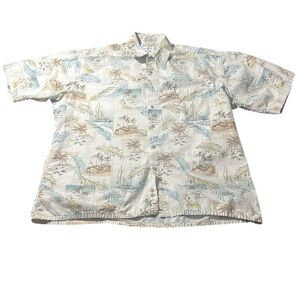Vintage Pierre Cardin Retro Hawaiian Button Up Shirt Men Large Island Hut Boat